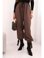 Dámské kalhoty s širokým nohavicím a zavazováním dole mocca