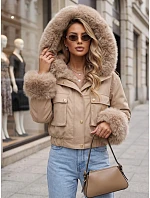 Krátká dámská bunda s odnímatelnou kožešinou, béžová, FashionStreet TY5837 Krátká dámská bunda s odnímatelnou kožešinou, béžová, FashionStreet TY5837