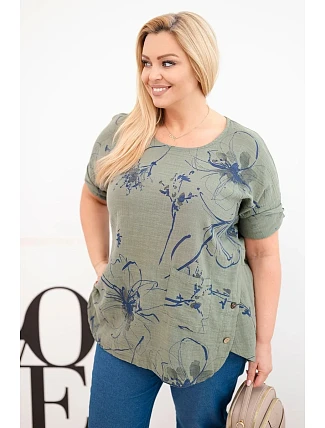 Dámská bavlněná halenka Plus Size s krátkým rukávem a kapsou khaki