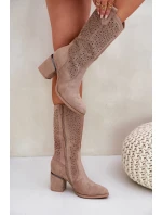 Dámské perforované kozačky do poloviny lýtka ve stylu kovbojek S.Barski – béžové, eko kůže