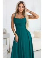 589-6 Maxi šaty bez ramínek s korzetovým zavazováním na zádech a rozparkem - lahvově zelené