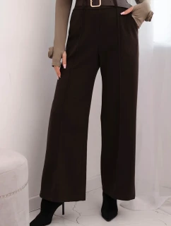 Dámské elegantní kalhoty s páskem a širokou nohavicí hnědé