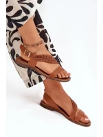 Dámské sandály z přírodní kůže na plochém podpatku Zazoo 3564 Camel