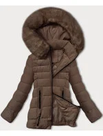 Dámská prošívaná bunda v kakaové barvě pro přechodné období s kožešinou u kapuce S'west (B8301-48)