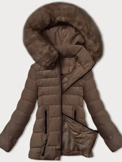 Dámská prošívaná bunda v kakaové barvě pro přechodné období s kožešinou u kapuce S'west (B8301-48)