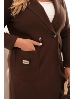 Dámský elegantní kabát Plus Size s límcem a velkými kapsami hnědý