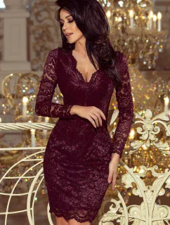 Dámské krajkové šaty v tmavě švestkové barvě s dlouhými rukávy a výstřihem 170-10