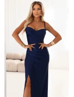 647-2 Přiléhavé dlouhé maxi šaty s obálkovým výstřihem a rozparkem - tmavě modré