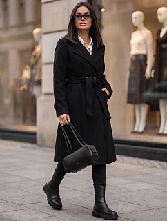 Dlouhý dámský dvouřadý kabát s páskem, černý, FashionStreet NY0806