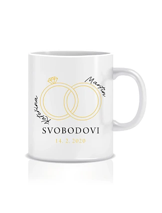 Personalizovaný klasický bílý keramický hrníček 300 ml s prstýnky a jmény Personalizovaný klasický bílý keramický hrníček 300 ml s prstýnky a jmény