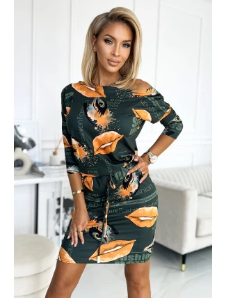 13-165 Sportovní šaty s kapsami - zelené + oranžové rty