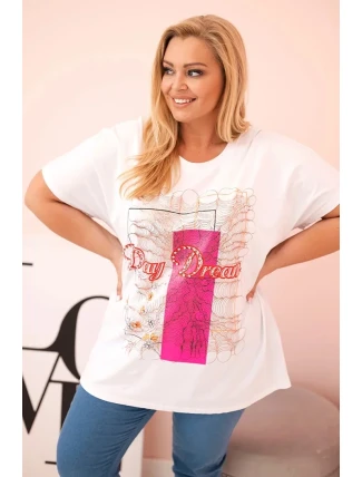 Dámská bavlněná halenka Plus Size s potiskem „Day Dream“ bílá + růžová