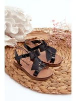 Lakované dětské sandálky s mašlí na suchý zip černé Joratia