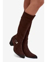 Kožené semišové kozačky na podpatku s přezkou Vyhřívané Zazoo 70156 Čokoládové