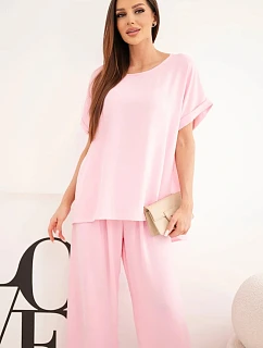 Dámský komplet Plus Size halenka a kalhoty se širokou nohavicí bonbónově růžová