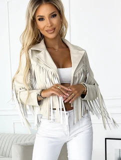 624-1 Krátká bunda s třásněmi z měkké ekokůže - béžová