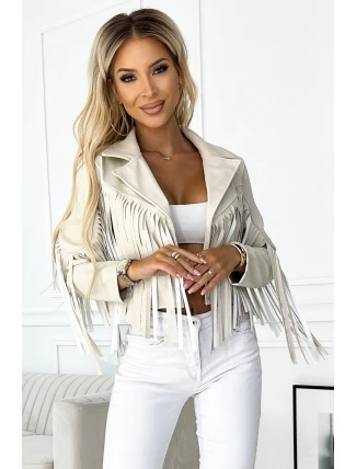 624-1 Krátká bunda s třásněmi z měkké ekokůže - béžová