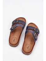 Dámské pantofle na korkové platformě s přezkami – tmavě modré