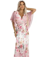 603-4 Vzdušné maxi šaty s obálkovým výstřihem a květinovým vzorem - PINK Roses