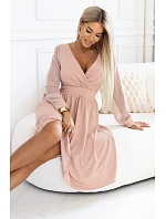 657-2 Elegantní midi šaty s obálkovým výstřihem a tylovými rukávy - béžové 657-2 Elegantní midi šaty s obálkovým výstřihem a tylovými rukávy - béžové