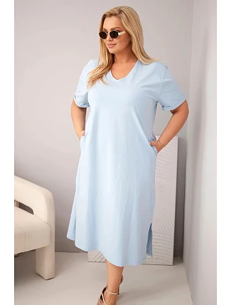 Dámské bavlněné šaty Plus Size s výstřihem do V modrá