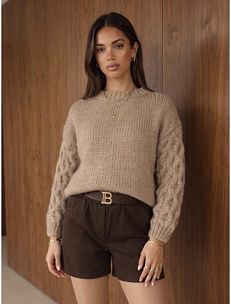 Dámský oversize svetr s copánkovým vzorem, tmavě béžový, FashionStreet MY2592 Dámský oversize svetr s copánkovým vzorem, tmavě béžový, FashionStreet MY2592