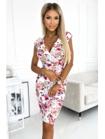 379-3 BOYKA Přiléhavé šaty s obálkovým výstřihem - PINK-PIOLET FLOWERS