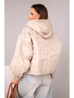 Dámská prošívaná bunda s kapucí a ozdobným květinovým ražením tmavě béžová