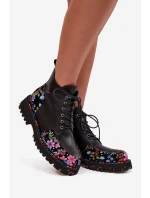 Kožené dámské botky Artiker zateplené – černé s květinovou výšivkou