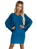 402-3 Netopýří šaty s výstřihem - mořská barva s třpytkami