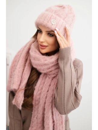 Dámská souprava čepice a šály s proužkem s ozdobou tmavě pudrově růžová