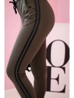 Dámské tepláky s lampasy a vázáním v pase khaki