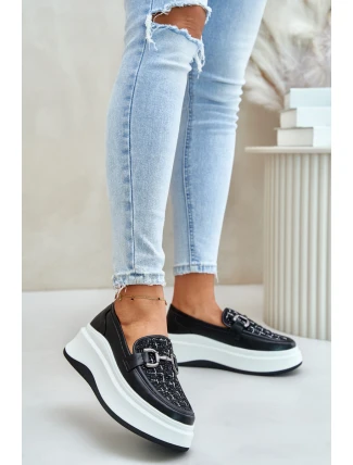 Kožené Dámské Mokasíny Na Platformě S Dekorací Černé Vinceza 89105