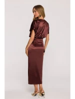 M887 Saténové šaty v zavinovacím stylu - hnědé