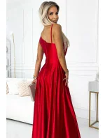 524-1 Dlouhé elegantní saténové šaty na jedno rameno - ČERVENÉ