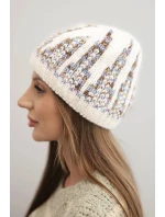 Dámská zimní pletená čepice s ozdobným vzorem K454 ecru + fialový