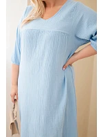 Dámské šaty Plus Size bavlněné mušelínové s výstřihem do V modré