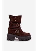 Dámské kotníkové boty na robustním podpatku s přezkami a páskem čokoládové Nerelisa