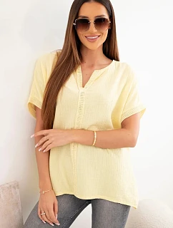 Dámská bavlněná mušelínová oversize halenka s výstřihem do V a krajkou žlutá