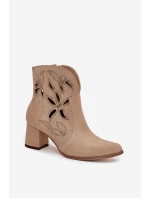 Semišové perforované dámské kotníkové boty na podpatek Zazoo 3647 béžové