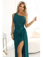 600-2 SELENA třpytivé dlouhé šaty na jedno rameno s rozparkem - zelené s třpytkami