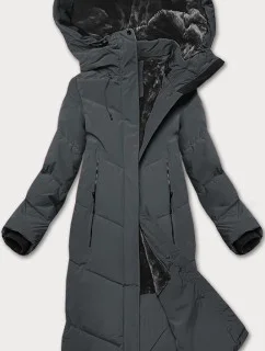 Dlouhá dámská zimní bunda v grafitové barvě s kožešinovou podšívkou LHD (LHD-24571)