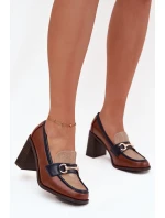 Dámské polobotky na podpatku s rytím a zlatým detailem béžovo-hnědé Novella