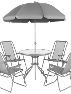 SADA ZAHRADNÍHO NÁBYTKU KULATÝ STŮL 4 ŽIDLE A SLUNEČNÍK TMAVĚ ŠEDÁ