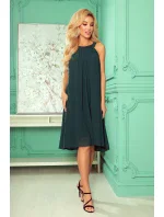 ALIZEE - Dámské šifonové šaty v lahvově zelené barvě s vázáním 350-4