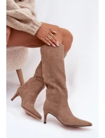 Dámské zateplené kozačky na jehlovém podpatku – tmavě béžové Arelisse