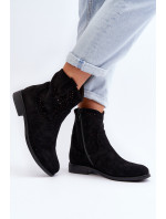 S.Barski dámské prolamované kotníkové boty na plochém podpatku, černé