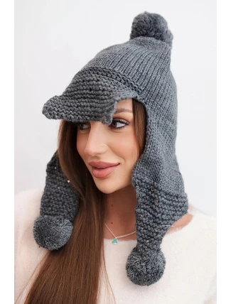Dámská zimní čepice s vlnou, kšiltem a bambulemi K475 grafitová Dámská zimní čepice s vlnou, kšiltem a bambulemi K475 grafitová
