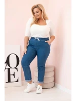 Dámské bavlněné kalhoty Plus Size s elastickým pasem a zavazováním denim Dámské bavlněné kalhoty Plus Size s elastickým pasem a zavazováním denim