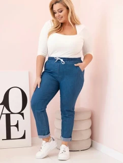 Dámské bavlněné kalhoty Plus Size s elastickým pasem a zavazováním denim